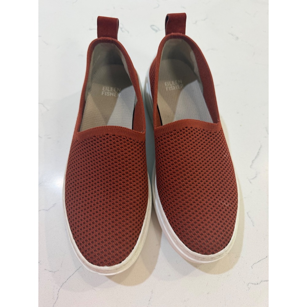 Eileen Fisher Womens Rust Orange Knit Mesh Slip On Platform Sneakers Size 6.5